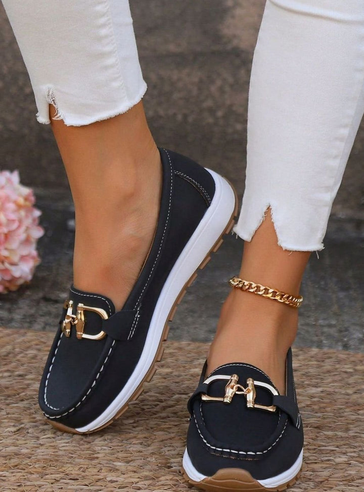 Women's Suede Flat-Wedge Gold-Buckle Orthopedic Loafers - Black