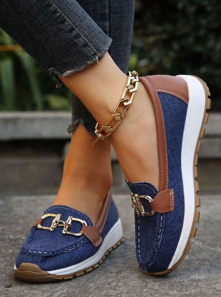 Women's Suede Flat-Wedge Gold-Buckle Orthopedic Loafers - Blue