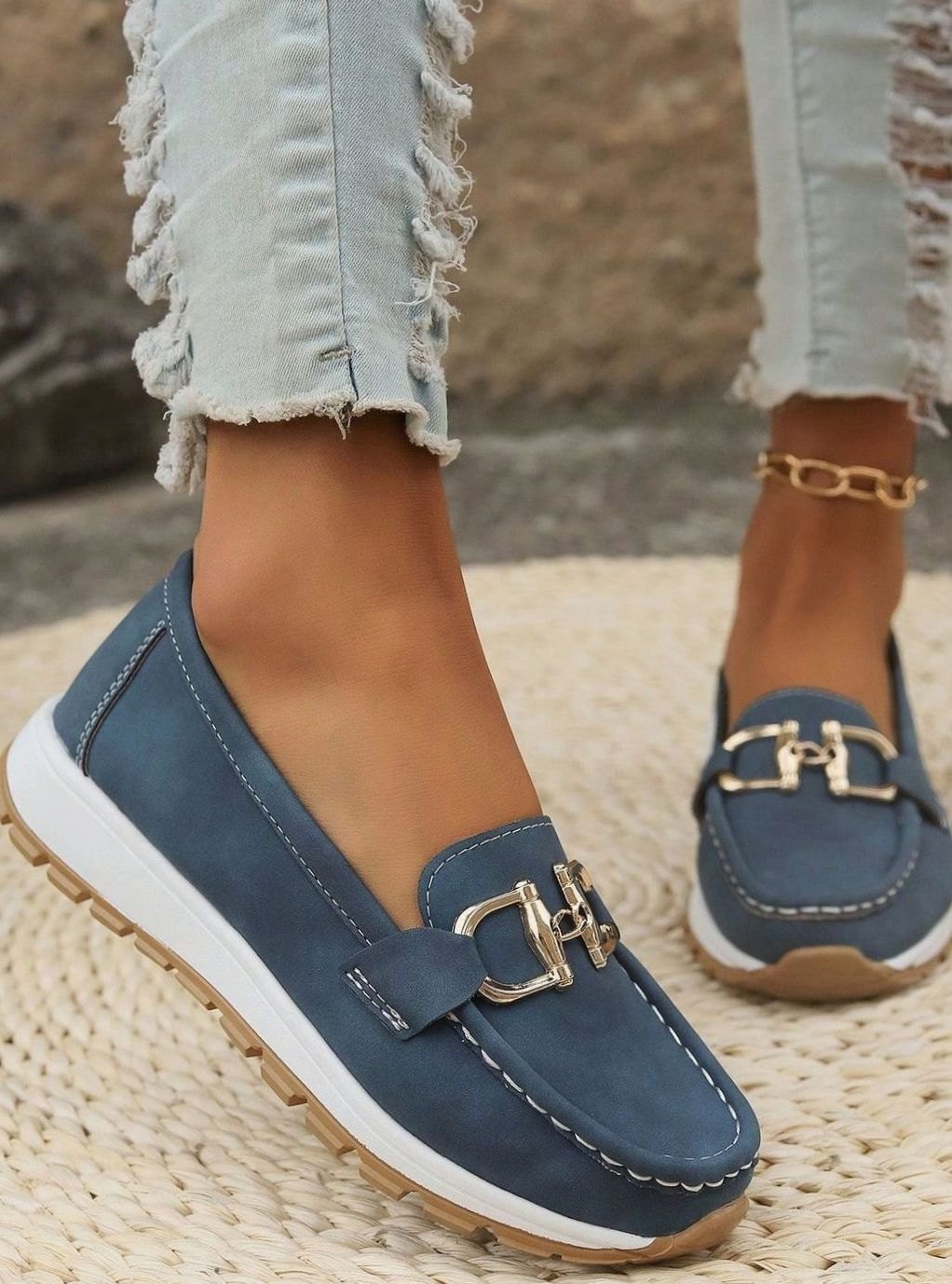 Women's Suede Flat-Wedge Gold-Buckle Orthopedic Loafers - Marine Blue