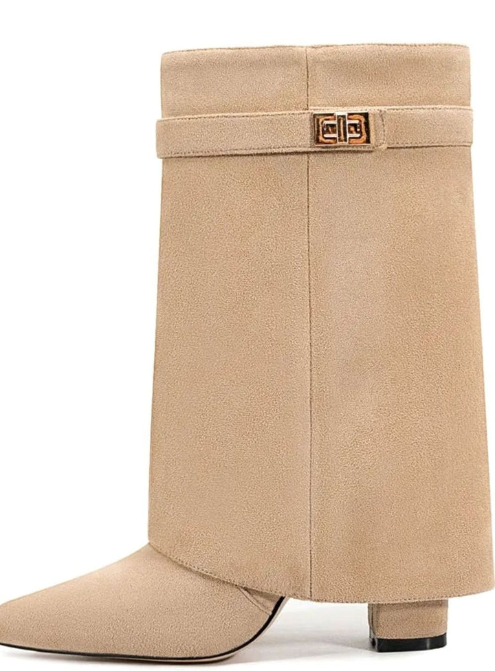 Women's Suede Foldover Knee-High Boots Gold Lock Buckle - Apricot Short