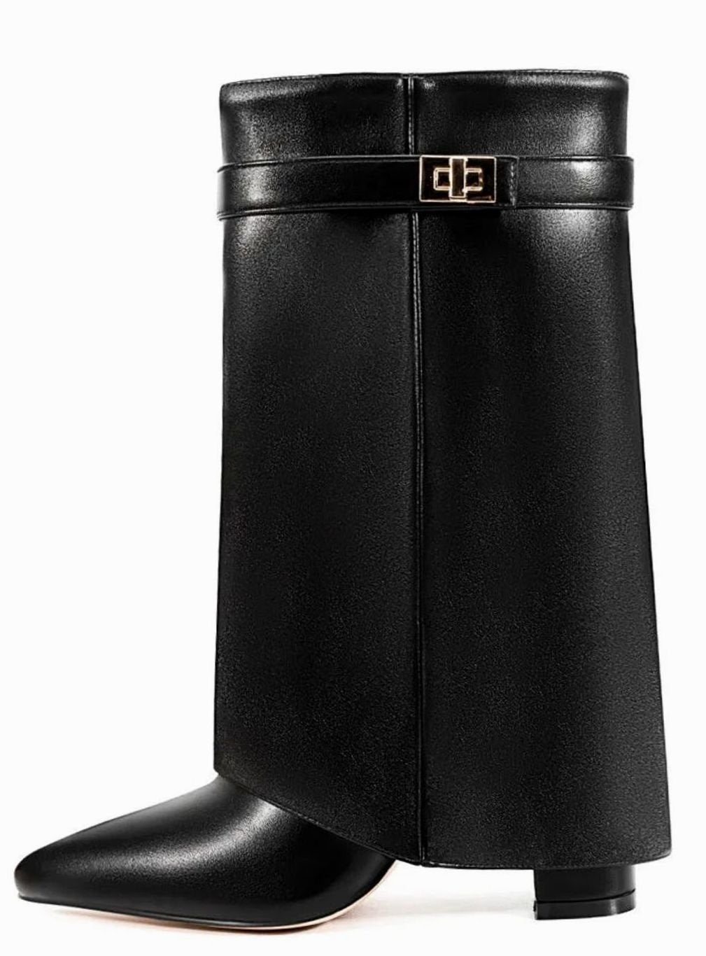 Women's Suede Foldover Knee-High Boots Gold Lock Buckle - Black PU Short