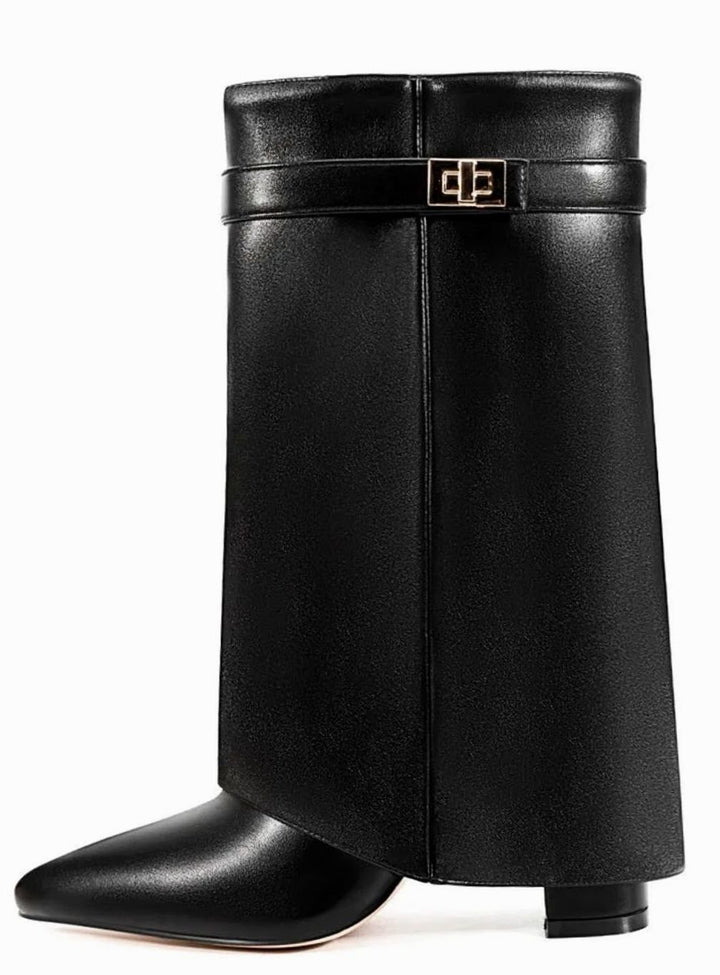 Women's Suede Foldover Knee-High Boots Gold Lock Buckle - Black PU Short