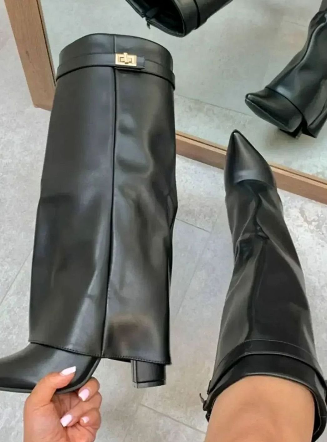 Women's Suede Foldover Knee-High Boots Gold Lock Buckle