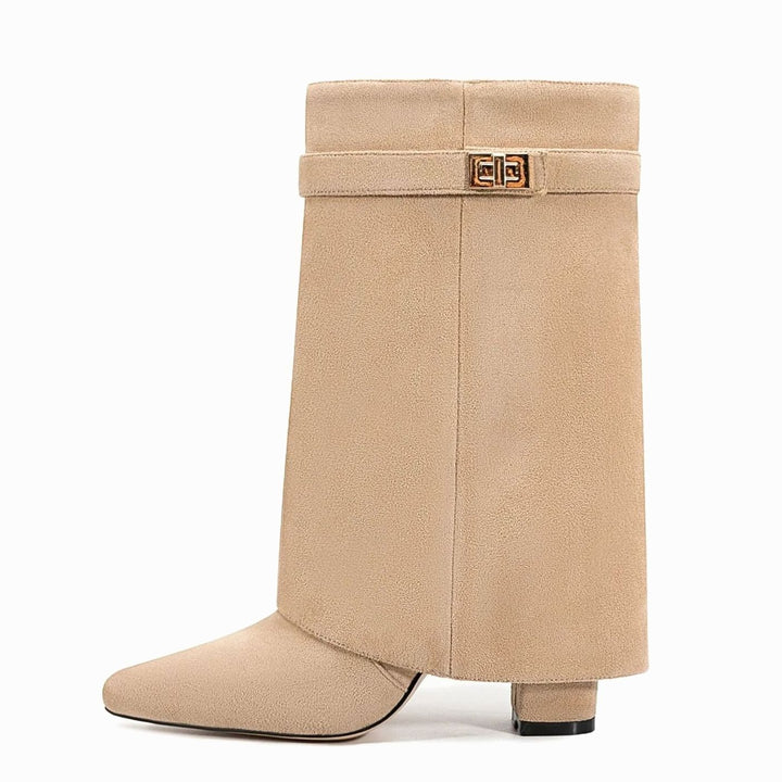 Women's Suede Foldover Knee-High Boots Gold Lock Buckle