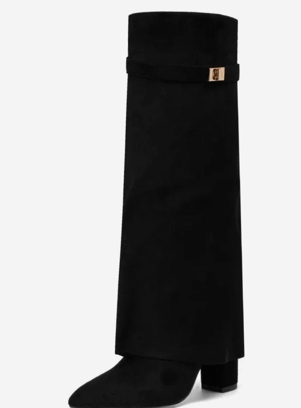 Women's Suede Foldover Knee-High Boots Gold Lock Buckle - Black Suede
