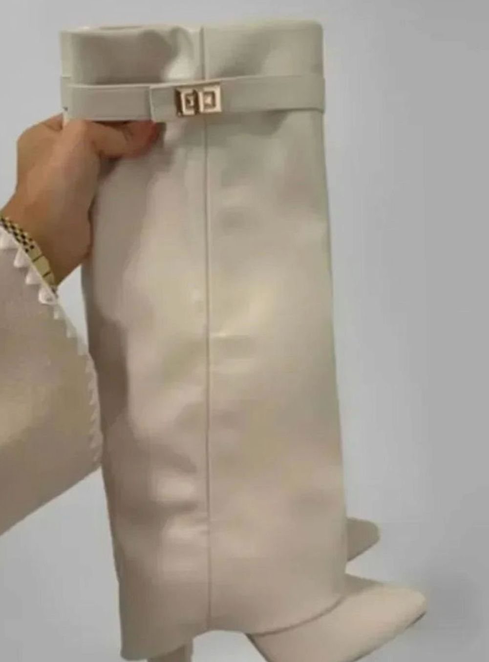 Women's Suede Foldover Knee-High Boots Gold Lock Buckle - White