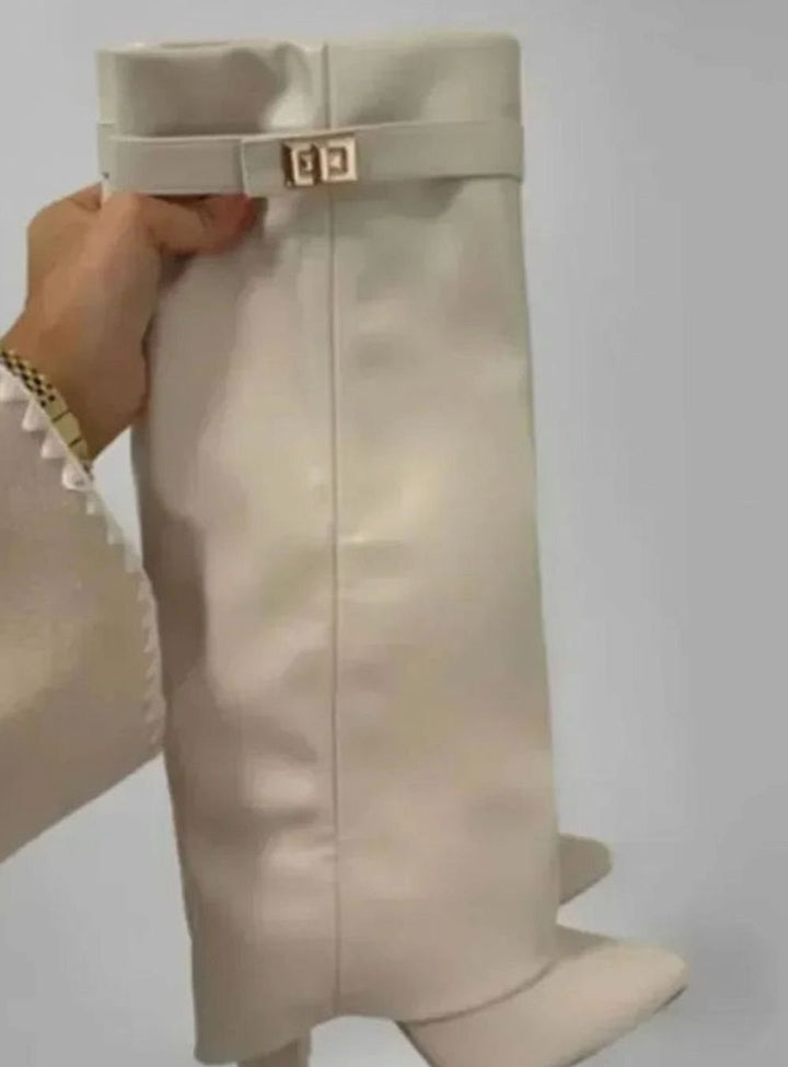 Women's Suede Foldover Knee-High Boots Gold Lock Buckle - White