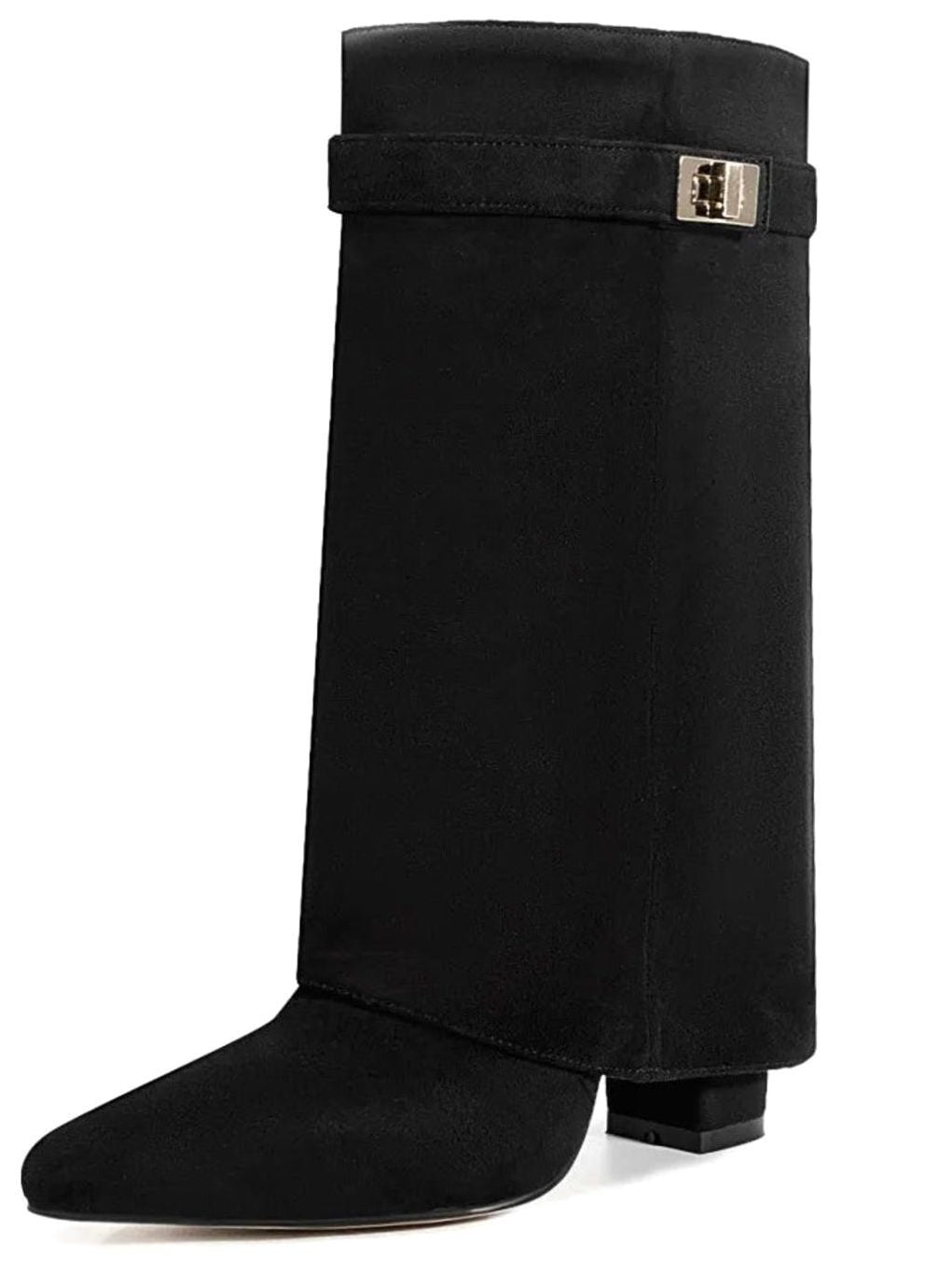 Women's Suede Foldover Knee-High Boots Gold Lock Buckle - Black Suede Short