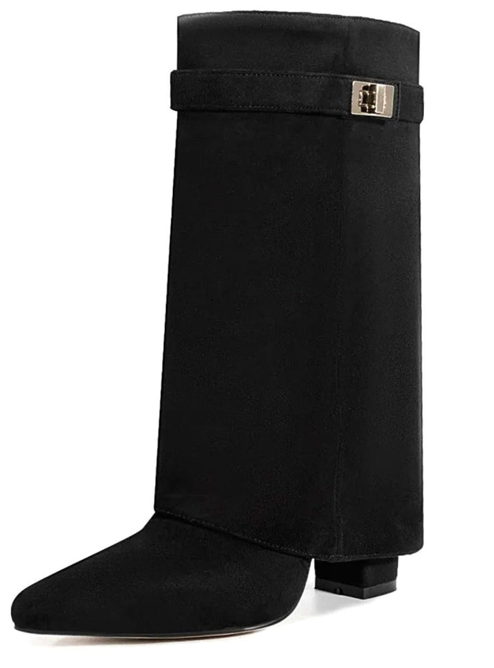 Women's Suede Foldover Knee-High Boots Gold Lock Buckle - Black Suede Short