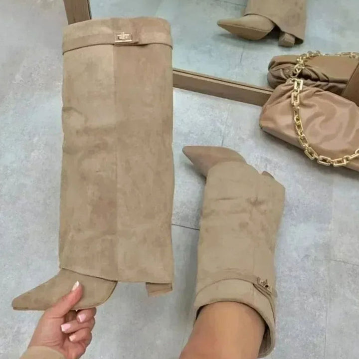 Women's Suede Foldover Knee-High Boots Gold Lock Buckle - Apricot Suede