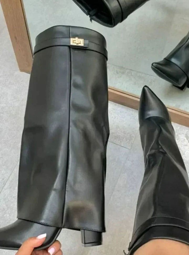 Women's Suede Foldover Knee-High Boots Gold Lock Buckle - Black