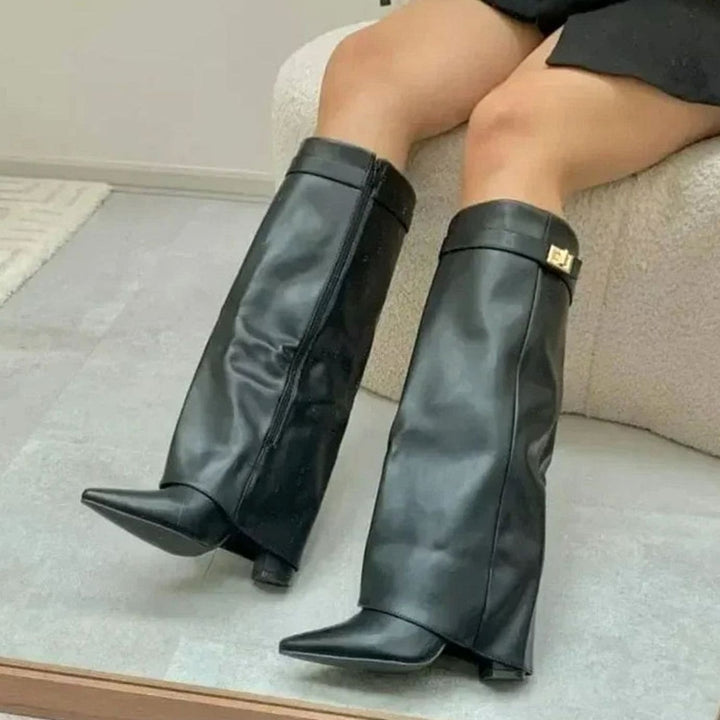 Women's Suede Foldover Knee-High Boots Gold Lock Buckle