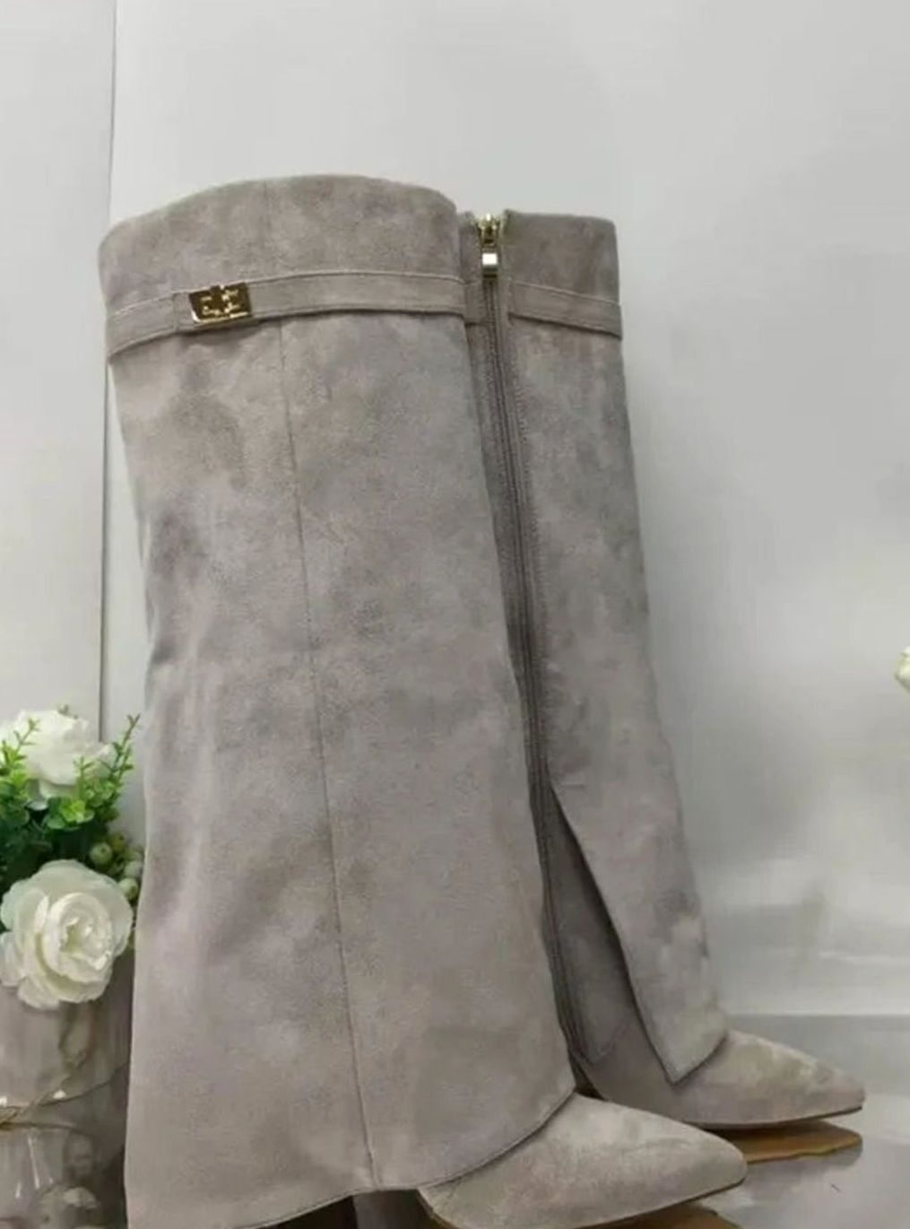 Women's Suede Foldover Knee-High Boots Gold Lock Buckle - Gray