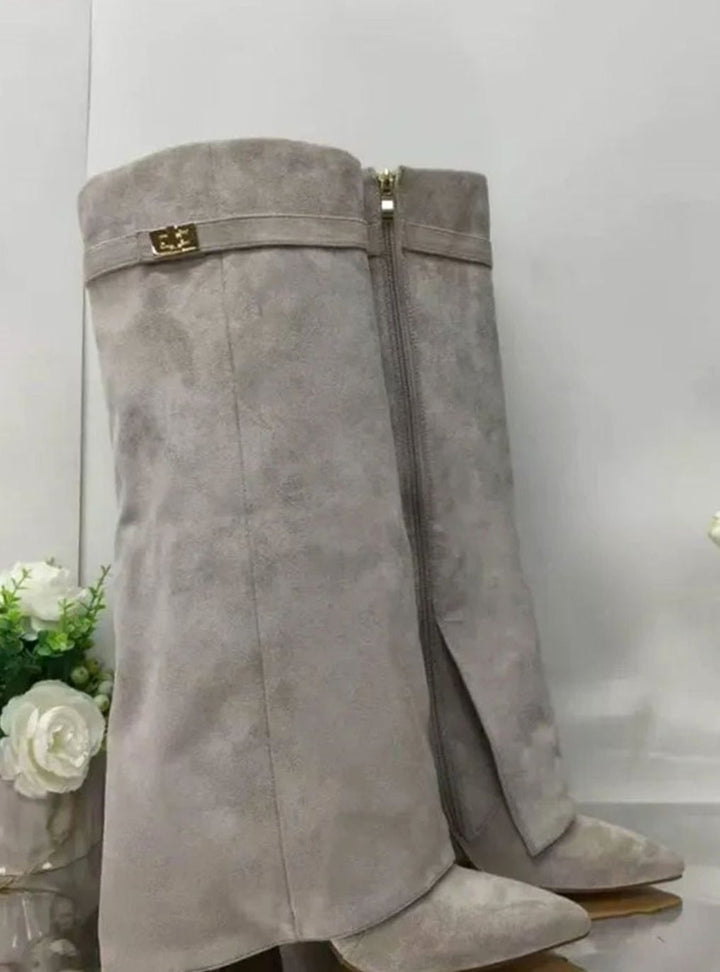 Women's Suede Foldover Knee-High Boots Gold Lock Buckle - Gray