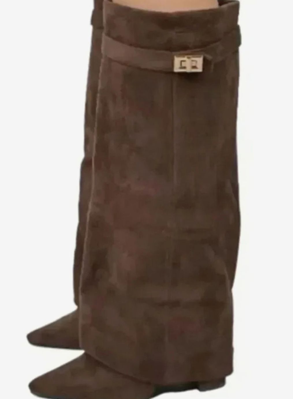 Women's Suede Foldover Knee-High Boots Gold Lock Buckle - Brown Suede