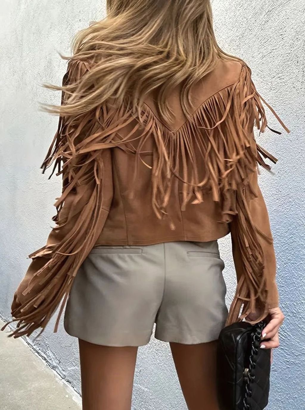 Women's Suede Fringe Cropped Short Jacket Boho Style