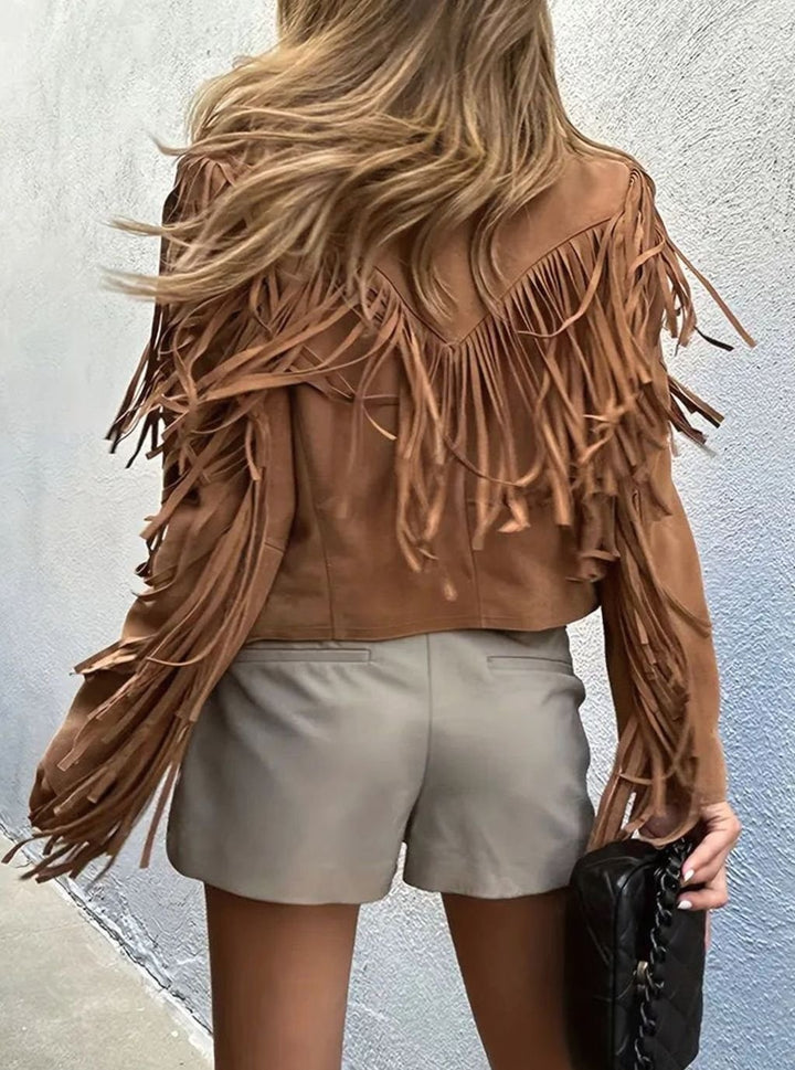 Women's Suede Fringe Cropped Short Jacket Boho Style