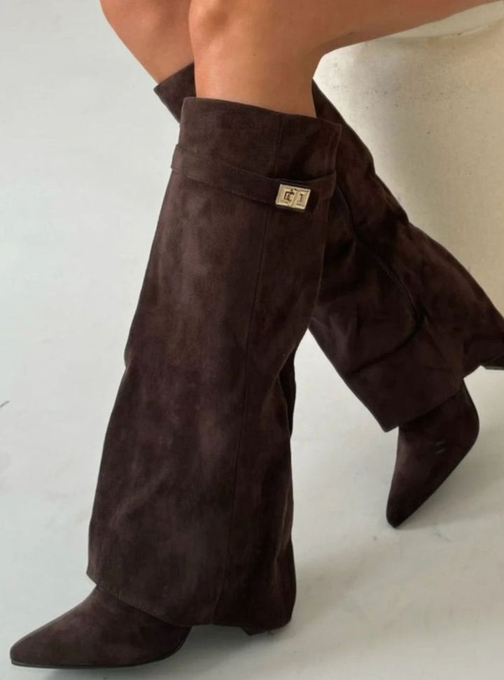 Women's Suede Knee-High Fold-Over Buckle Boots - Brown Suede