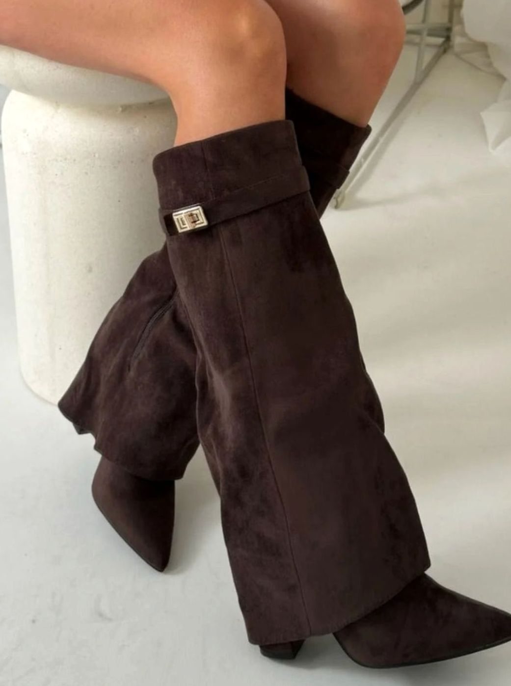 Women's Suede Knee-High Fold-Over Buckle Boots