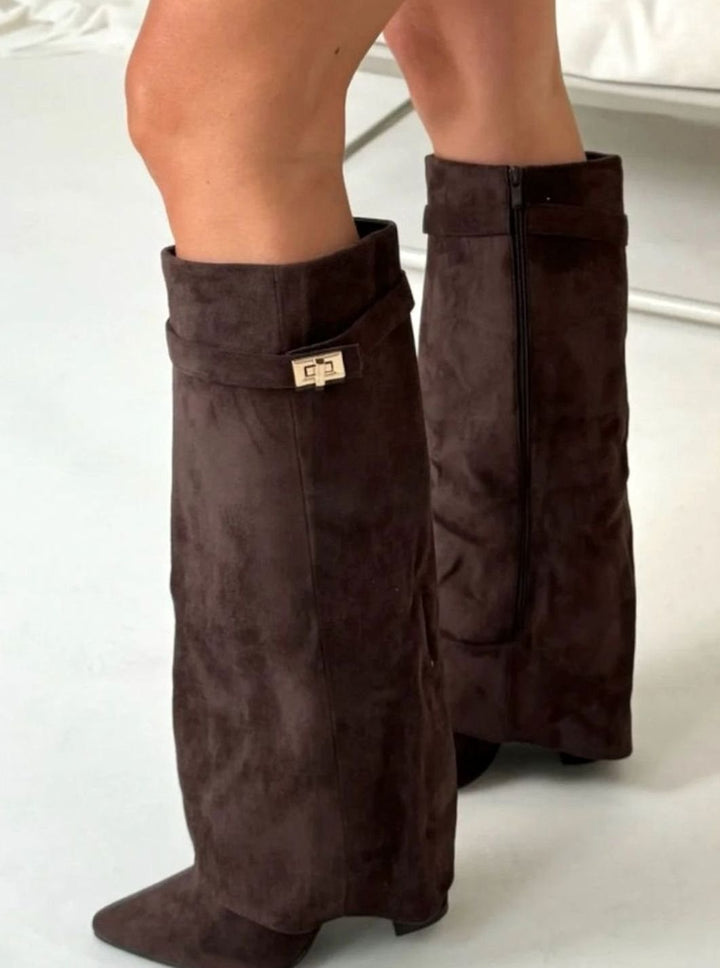 Women's Suede Knee-High Fold-Over Buckle Boots