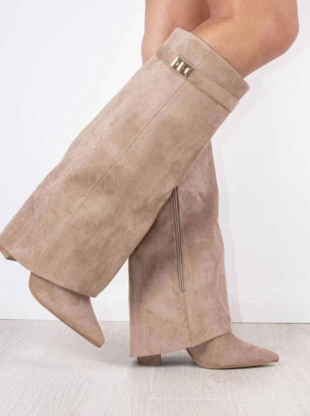 Women's Suede Knee-High Fold-Over Buckle Boots - Beige Suede