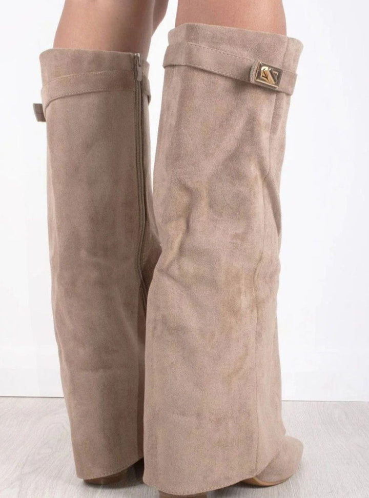 Women's Suede Knee-High Fold-Over Buckle Boots
