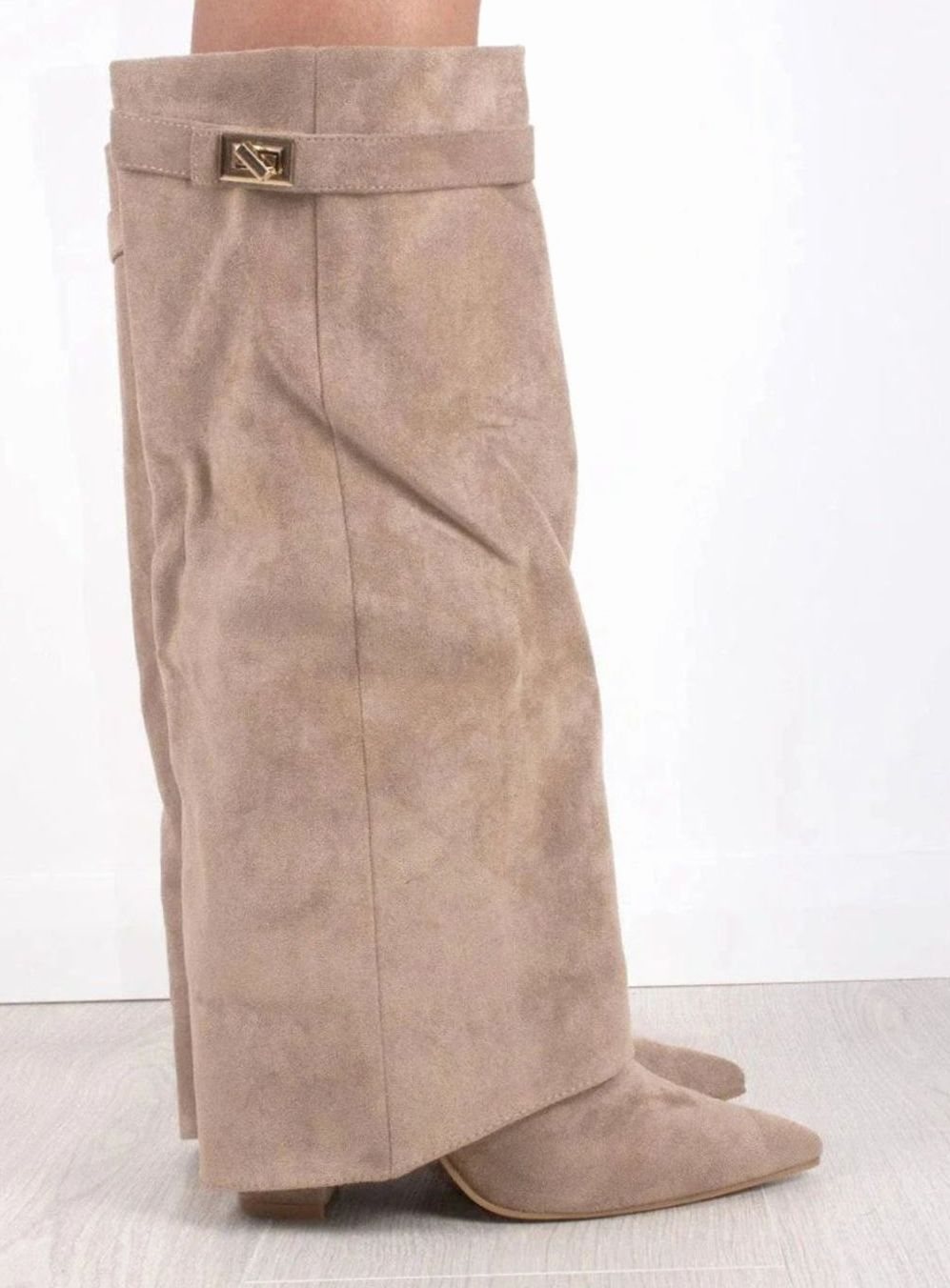Women's Suede Knee-High Fold-Over Buckle Boots
