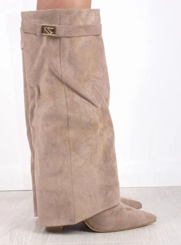 Women's Suede Knee-High Fold-Over Buckle Boots