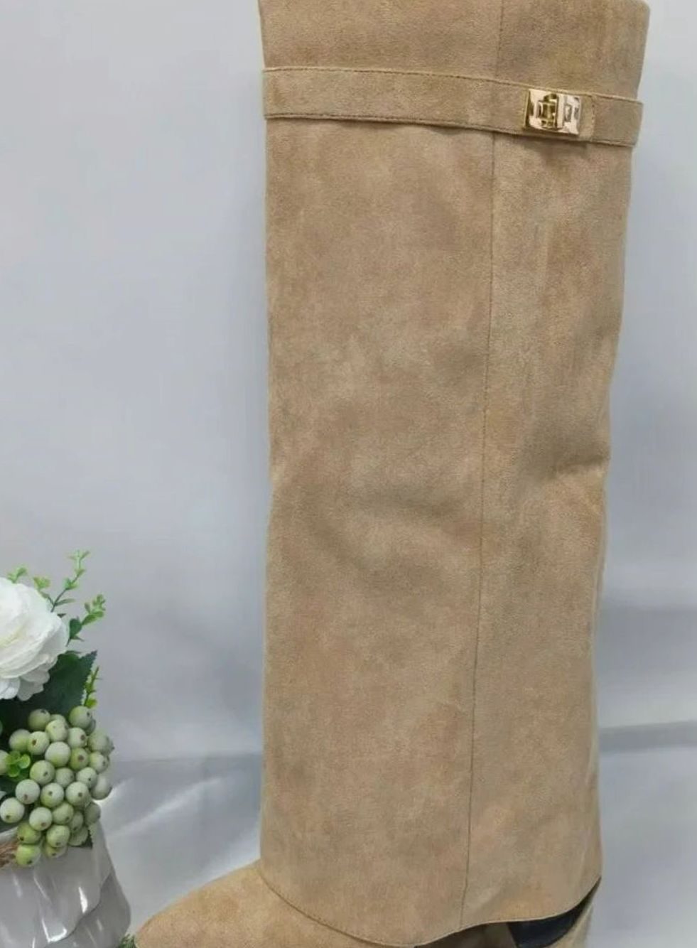 Women's Suede Knee-High Fold-Over Buckle Boots, Tan - Apricot