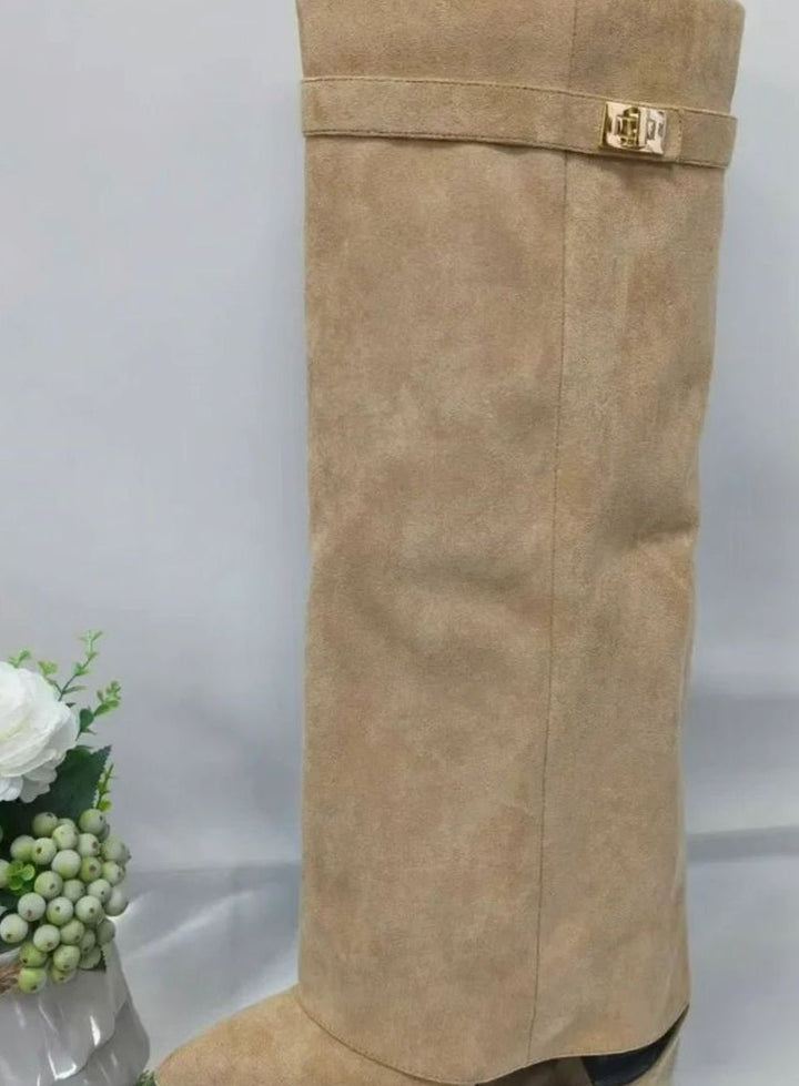 Women's Suede Knee-High Fold-Over Buckle Boots, Tan - Apricot