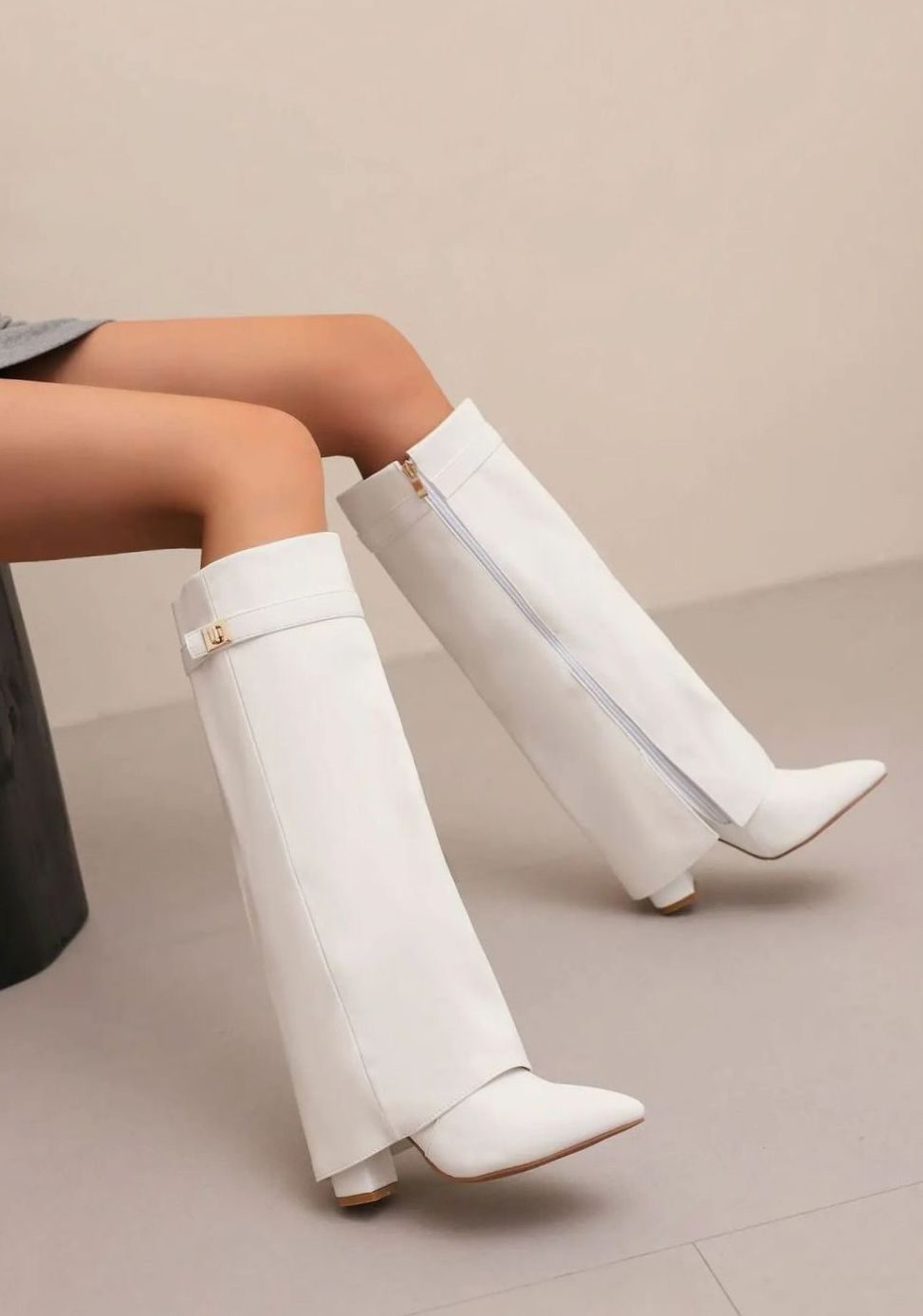 Women's Suede Knee-High Fold-Over Buckle Boots, Tan - White Plush