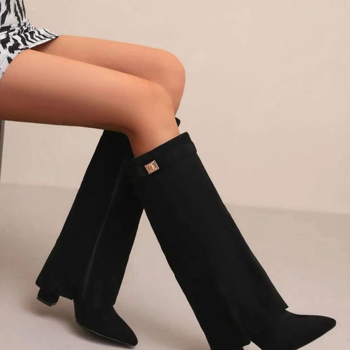 Women's Suede Knee-High Fold-Over Buckle Boots, Tan - Suede Plush