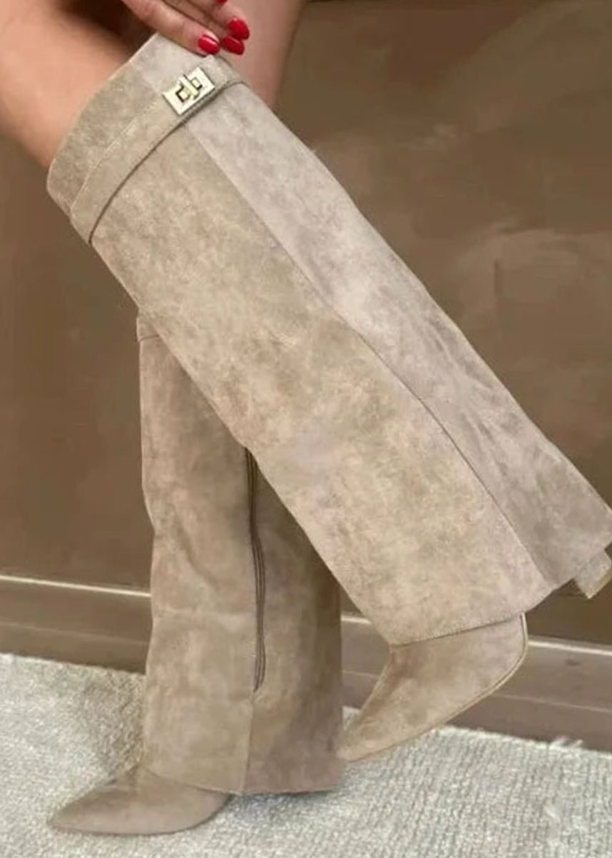 Women's Suede Knee-High Fold-Over Buckle Boots, Tan