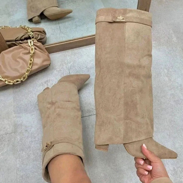 Women's Suede Knee-High Fold-Over Buckle Boots, Tan - Apricot Plush