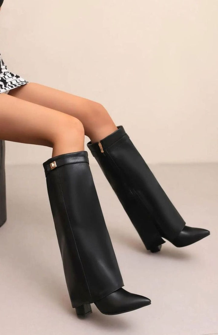 Women's Suede Knee-High Fold-Over Buckle Boots, Tan - Black Plush
