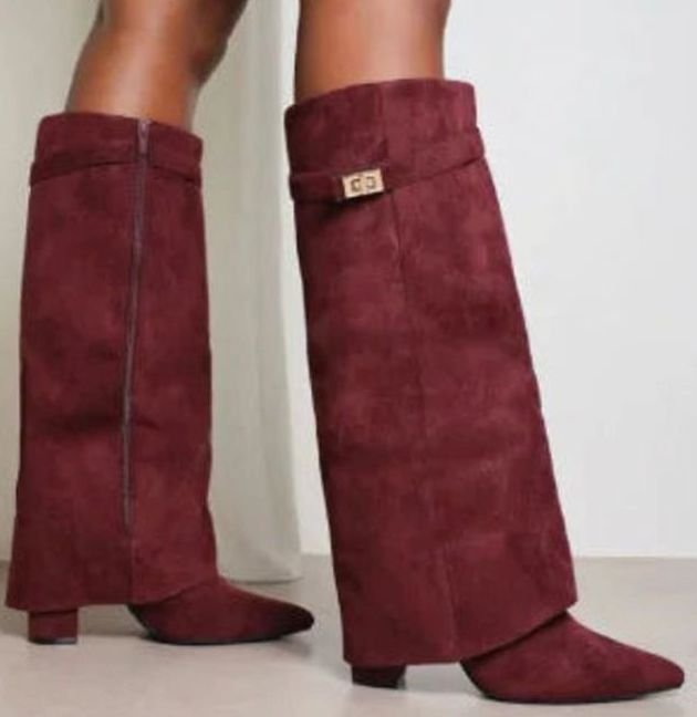 Women's Suede Knee-High Fold-Over Buckle Boots, Tan - Red Suede Plush