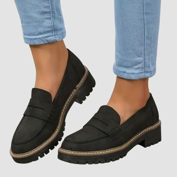 Women's Suede Loafers Slip-On Chunky Platform Penny Loafers - Black