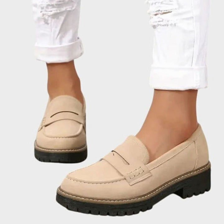 Women's Suede Loafers Slip-On Chunky Platform Penny Loafers - Beige