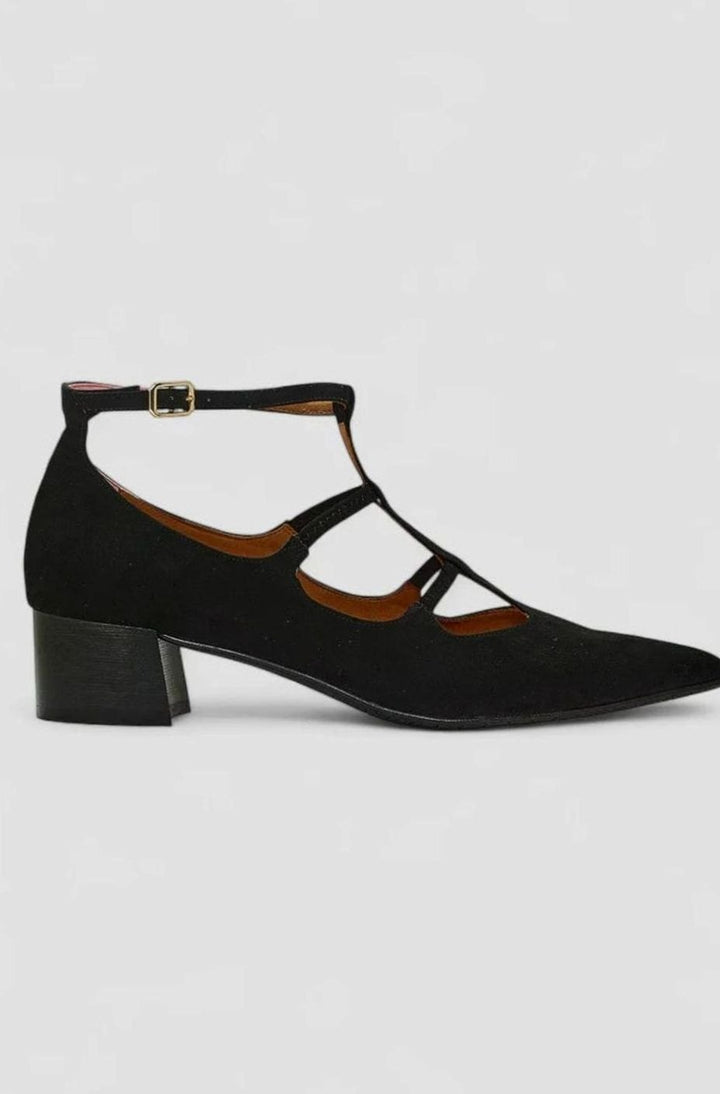 Women's Suede Pointed-Toe Strappy Block-Heel Pumps - Black