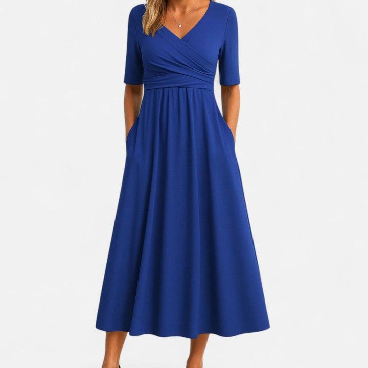 Women's Surplice V-Neck Pleated Bodice Flared Midi Dress Pockets - Blue
