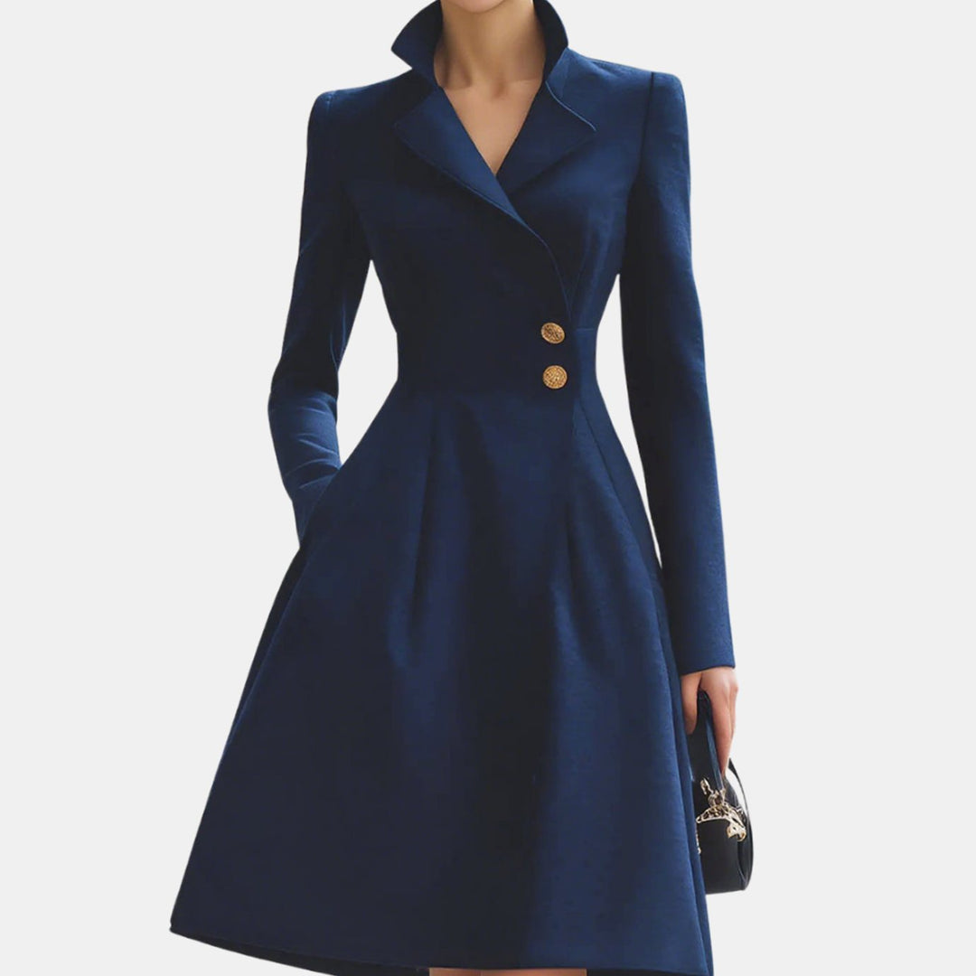 Women's Tailored A-Line Long Sleeve Coat Dress Gold-Button Collar - Navy Blue