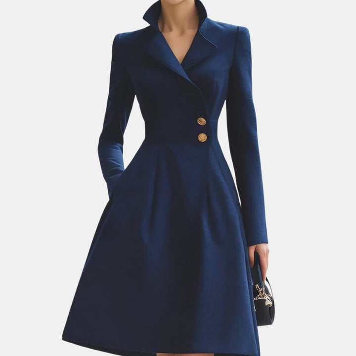 Women's Tailored A-Line Long Sleeve Coat Dress Gold-Button Collar - Navy Blue