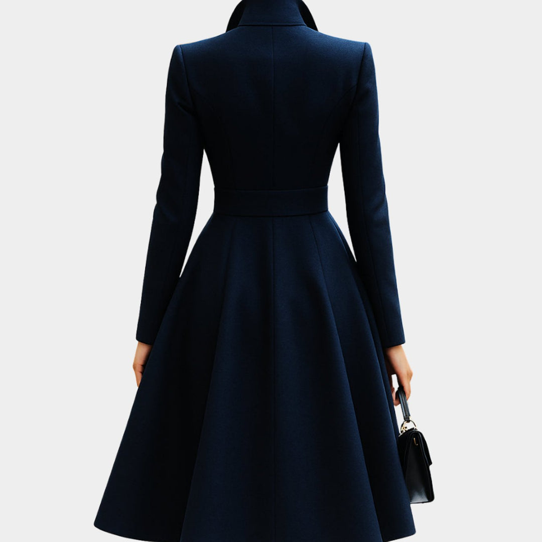 Women's Tailored A-Line Long Sleeve Coat Dress Gold-Button Collar