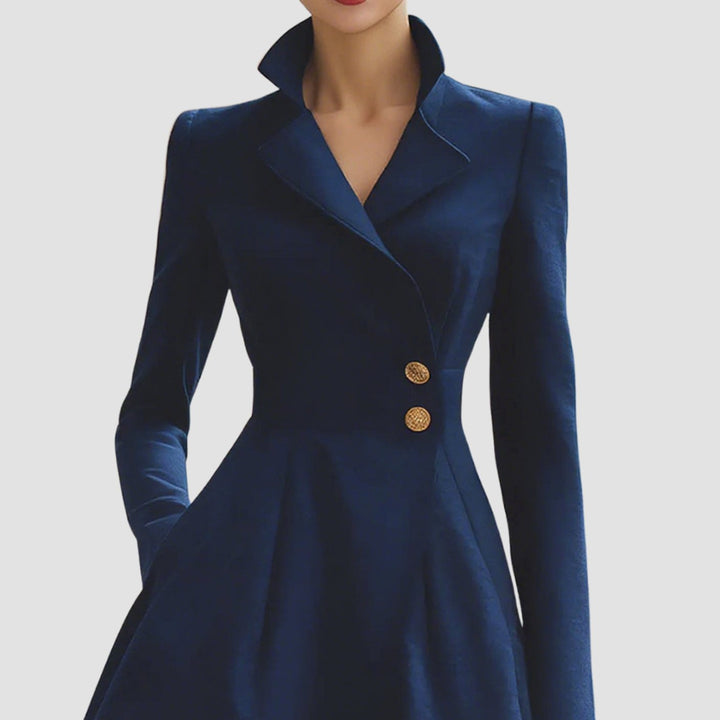 Women's Tailored A-Line Long Sleeve Coat Dress Gold-Button Collar