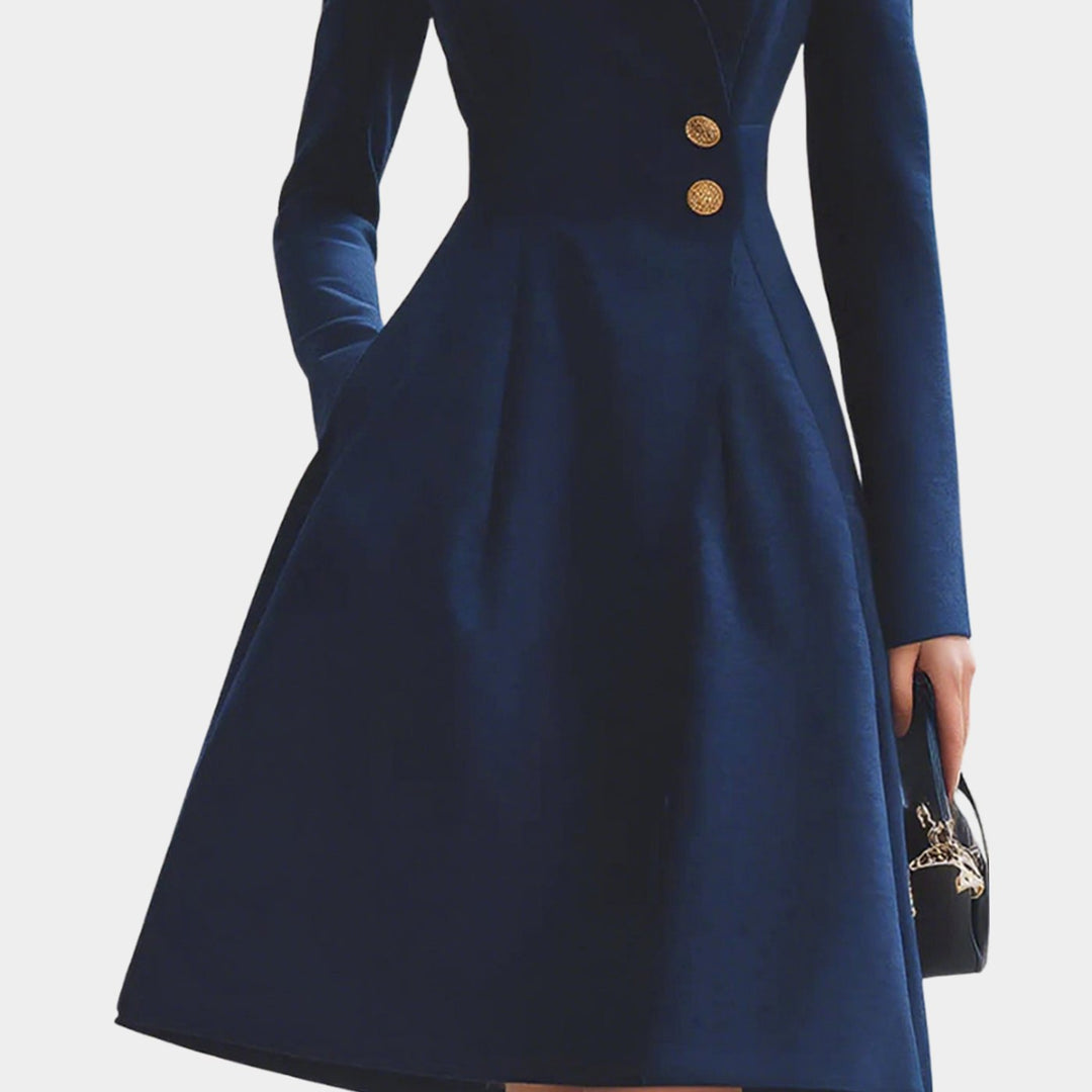 Women's Tailored A-Line Long Sleeve Coat Dress Gold-Button Collar