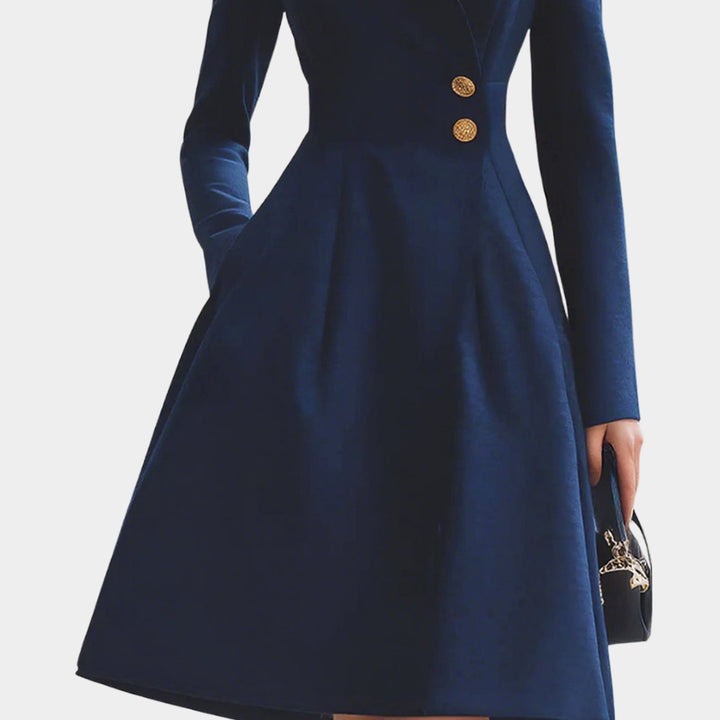 Women's Tailored A-Line Long Sleeve Coat Dress Gold-Button Collar