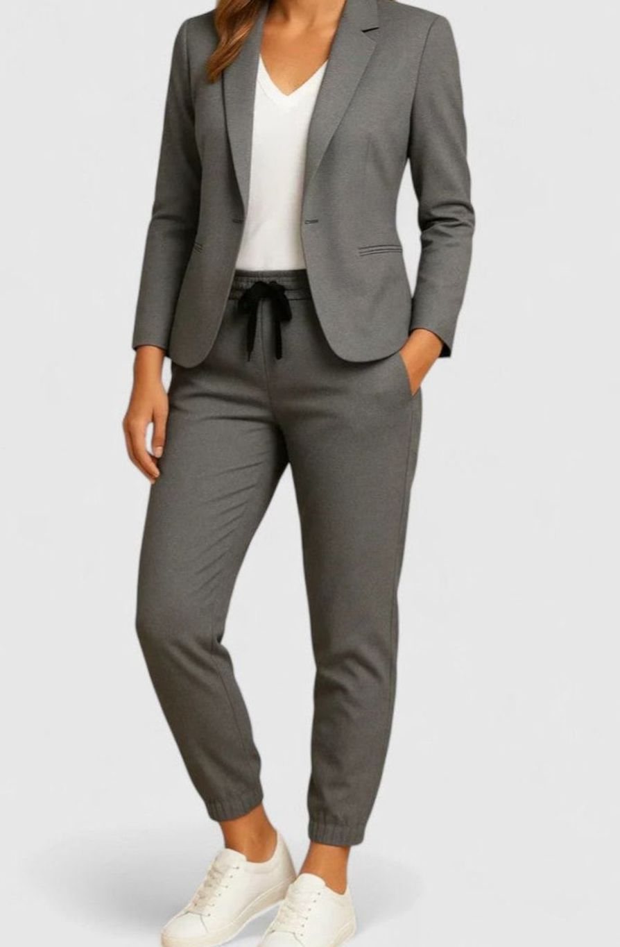 Women's Tailored Classic-Cut Jacket Drawstring Jogger Pants Set - Gray