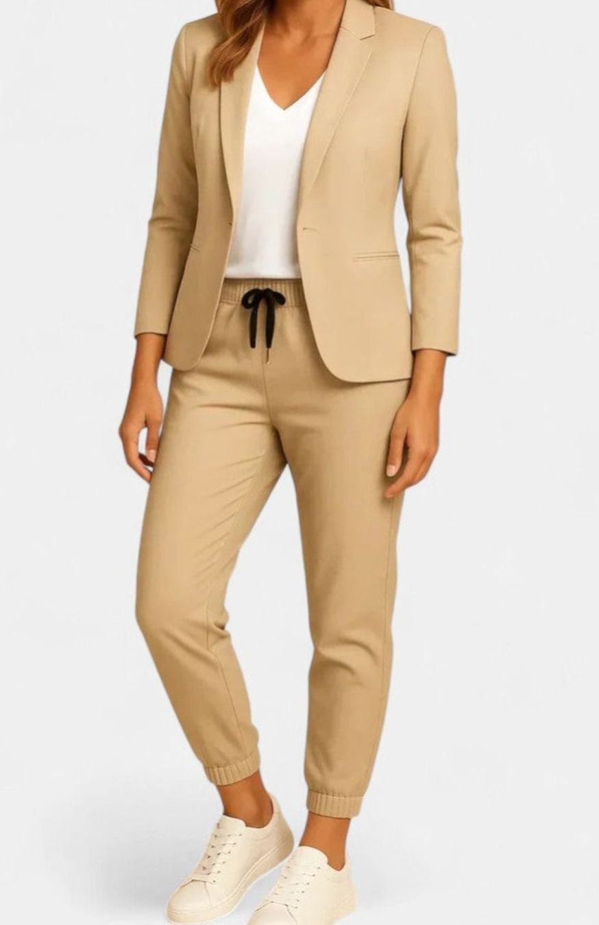 Women's Tailored Classic-Cut Jacket Drawstring Jogger Pants Set - Beige
