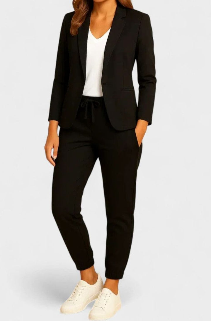 Women's Tailored Classic-Cut Jacket Drawstring Jogger Pants Set - Black