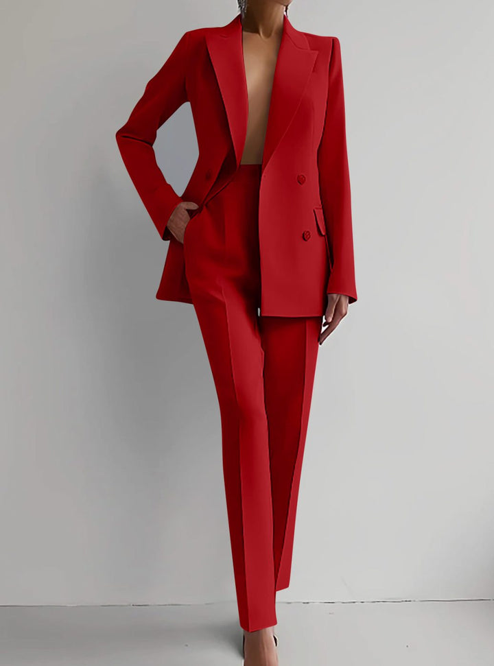 Women's Tailored Double-Breasted Blazer Pants Suit Set - Red